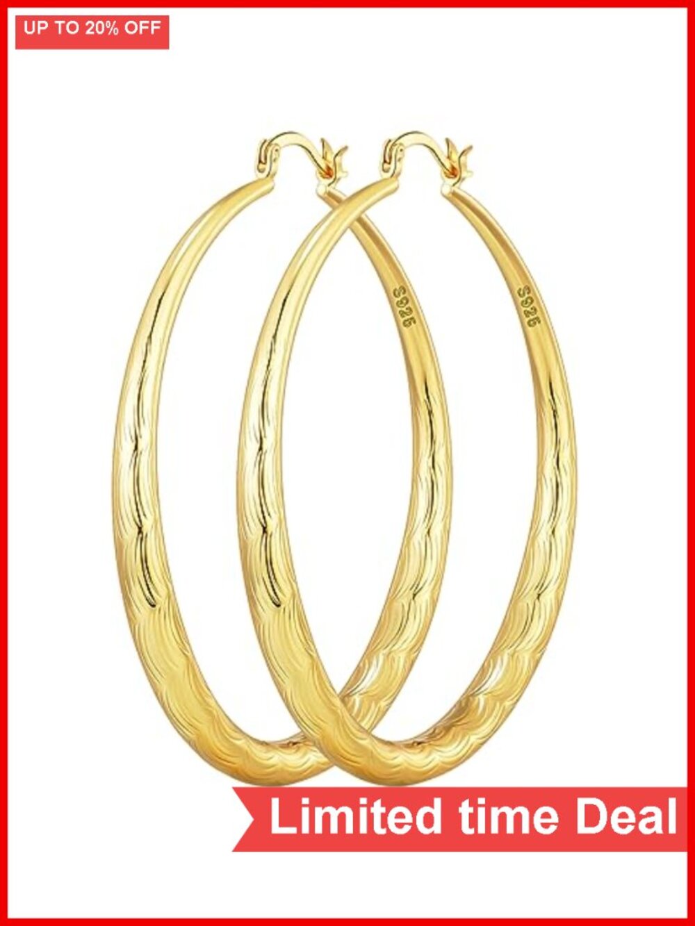 Sterling Silver Diamond-Cut Gold Hoop Earrings Hypoallergenic Ripple Design